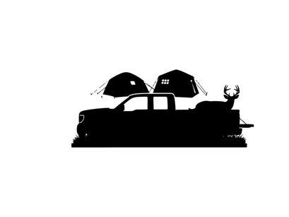 Silhouette of a pickup truck with tents and deer antlers