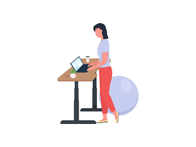 Woman working at standing desk flat color vector faceless character