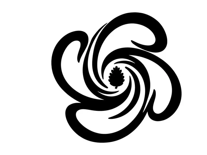 Black and white abstract floral swirl icon with a central pine cone silhouette design.
