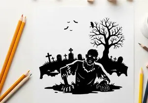 Silhouette of a zombie rising from a spooky graveyard