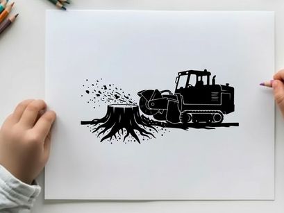 Silhouette of a bulldozer removing a tree stump silhouette