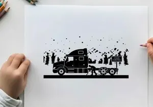 Truck and dog silhouette in winter landscape with mountains