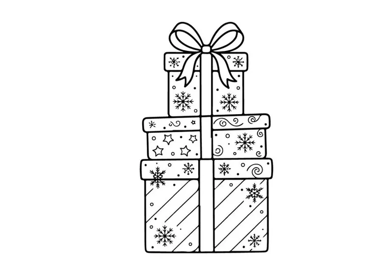 Christmas gift boxes stack with snowflake patterns, hand drawn line art illustration.