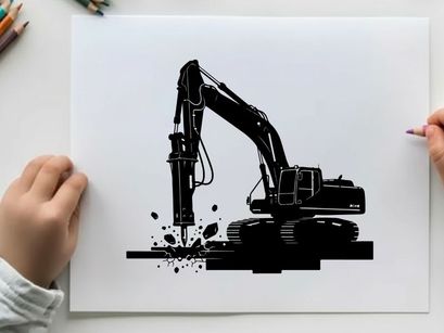 Silhouette of excavator breaking ground with jackhammer attachment