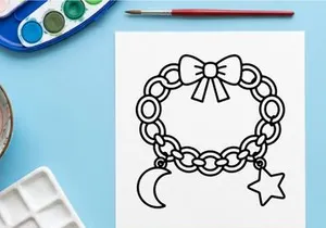 Hand-drawn Halloween charm bracelet with bow and star. Spooky jewelry illustration featuring crescent moon and dangling decorations.
