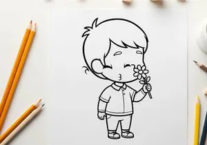 Sad boy holding flower vector illustration flat design