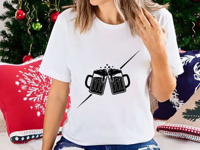 Two beer mugs clinking celebration minimalist black white illustration