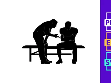 Silhouette of a coach talking to a seated athlete on a bench preview picture