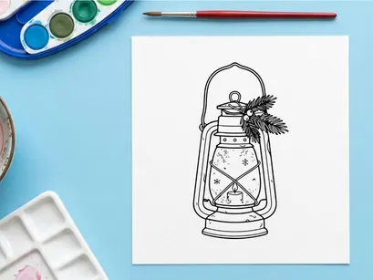 Christmas lantern line art illustration with pine branches and candle for holiday decor