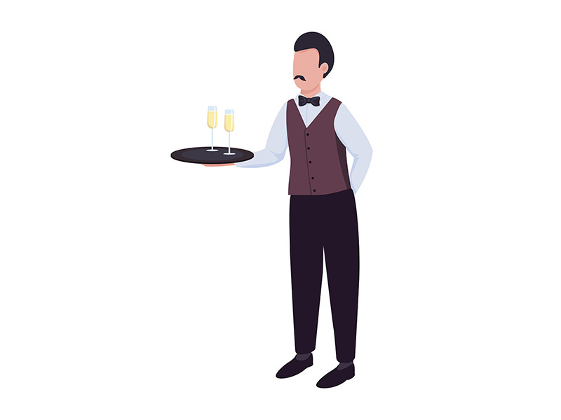 Waiter with sparkling wine on tray semi flat color vector character