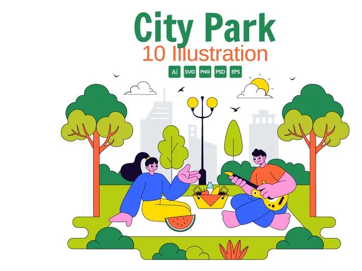 10 City Park Vector Illustration