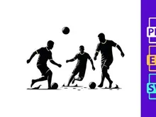 Silhouette of three soccer players in action kicking balls