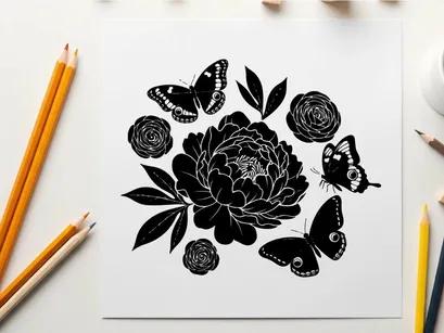 Silhouette of butterflies and flowers on white background