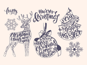 Lettering , typography inside chrismas elements and deer, ball, christmas tree, jingle, new year. preview picture
