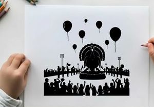 Silhouette of a crowd celebrating with balloons and a large statue