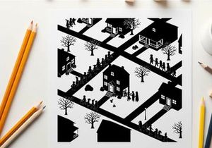 Silhouette of a snowy neighborhood scene with houses and people