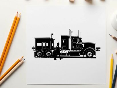 Silhouette of a man walking beside a large truck with trailer