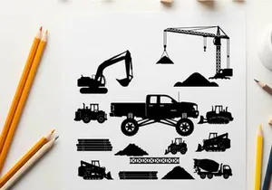 Construction vehicles and equipment silhouette illustrations