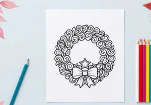 Christmas wreath coloring page with star and bow, festive holiday line art illustration.