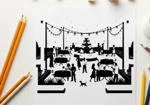 Silhouette of people at an outdoor wedding reception party