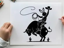 Rabbit cowboy riding bull silhouette western rodeo scene