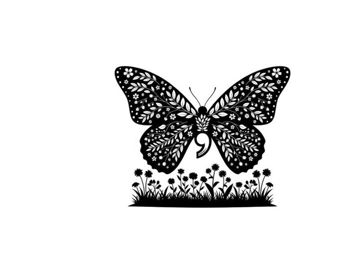Butterfly silhouette with floral patterns and grass