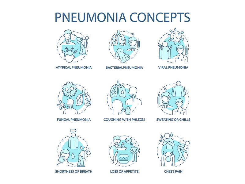 Pneumonia blue concept icons set