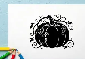 Elegant Halloween Pumpkin with Swirling Vines and Dark Silhouette