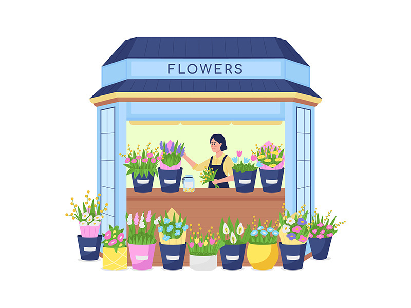 Florist in flower kiosk flat color vector detailed character