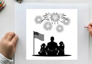 Patriotic family silhouette watching fireworks on 4th of july