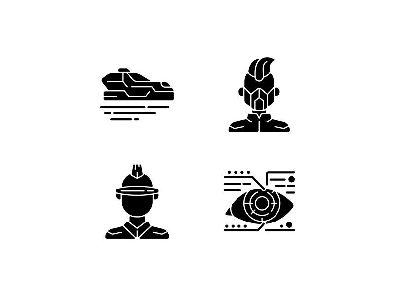 Sci fi and cyberpunk black glyph icons set on white space