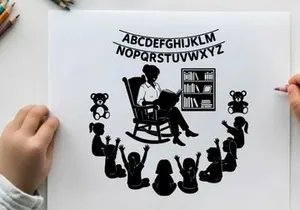 Silhouette of teacher reading to children in classroom with alphabet