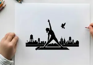Silhouette of a woman practicing yoga outdoors in city silhouette