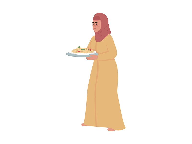 Woman with meal on plate semi flat color vector character