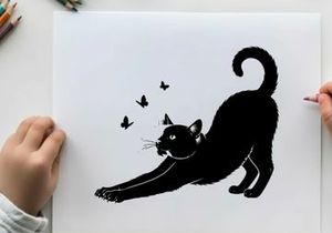 Black cat silhouette stretching towards butterflies