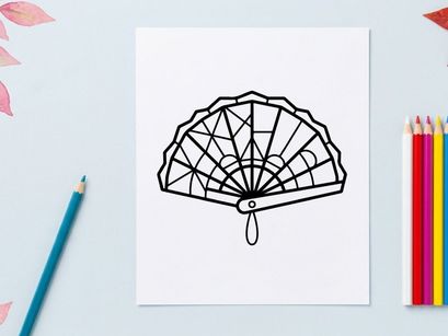 Decoração de leque de papel artesanal com padrão de renda gótica. Leque dobrável preto e branco vintage para decoração de festas assustadoras.