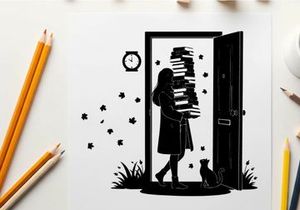 Silhouette of a woman with a cat at an open door