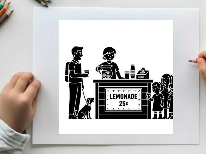 Silhouette of a man and kids buying lemonade from a boy