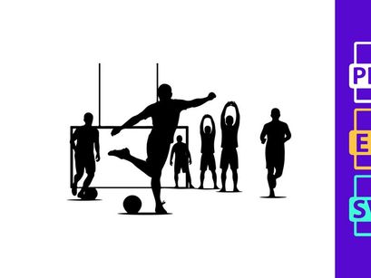 Silhouette of soccer players in action on the field with goalpost