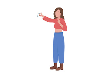 Young woman takes selfie semi flat color vector character preview picture
