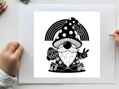 Black and white silhouette of a peaceful mushroom gnome with rainbow