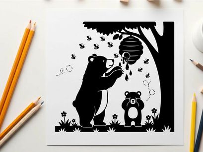 Silhouette of bear and cub near beehive under tree