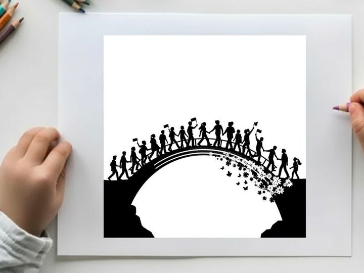 Silhouette of people walking across a bridge in a line