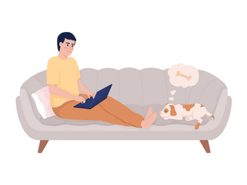 Man sitting on couch with laptop semi flat color vector character preview picture