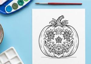 Hand-drawn Halloween pumpkin illustration with intricate floral patterns. Vintage-style jack-o-lantern sketch featuring elegant botanical engraving...
