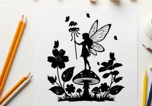 Whimsical silhouette of fairy on mushroom with flowers and butterflies