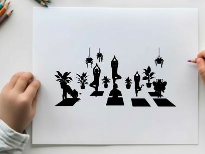 Yoga silhouettes on colorful mats with plants silhouette