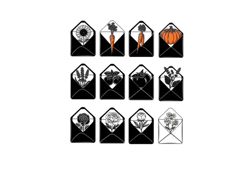 Collection of 12 unique silhouette designs in black and white with orange accents silhouette