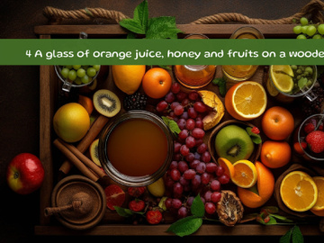 A glass of orange juice, honey and fruits on a wooden table preview picture
