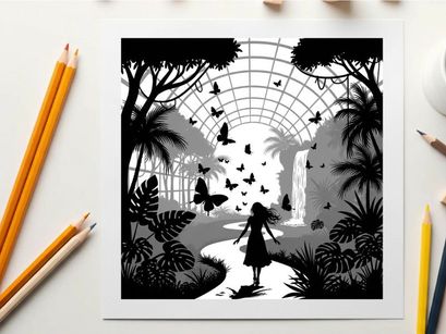 Silhouette of a girl in a greenhouse with butterflies and plants